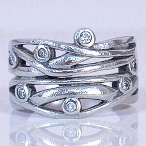 Sterling Silver CZ Vine Band Ring Wide Botanical Leaf Design 925 Sparkle